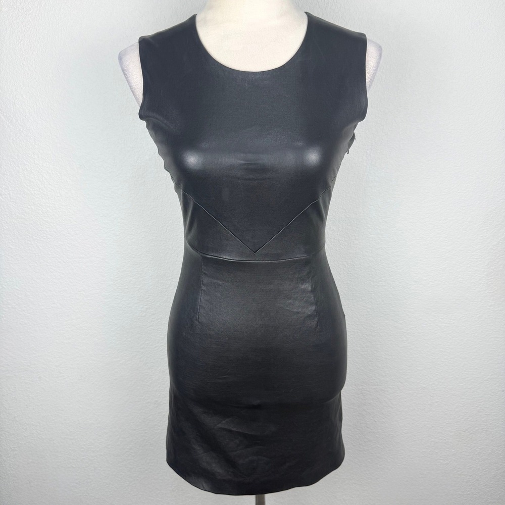 Porter Grey Designer Women Black 100% Leather Sleeveless Mini Dress V Seam Sz 2